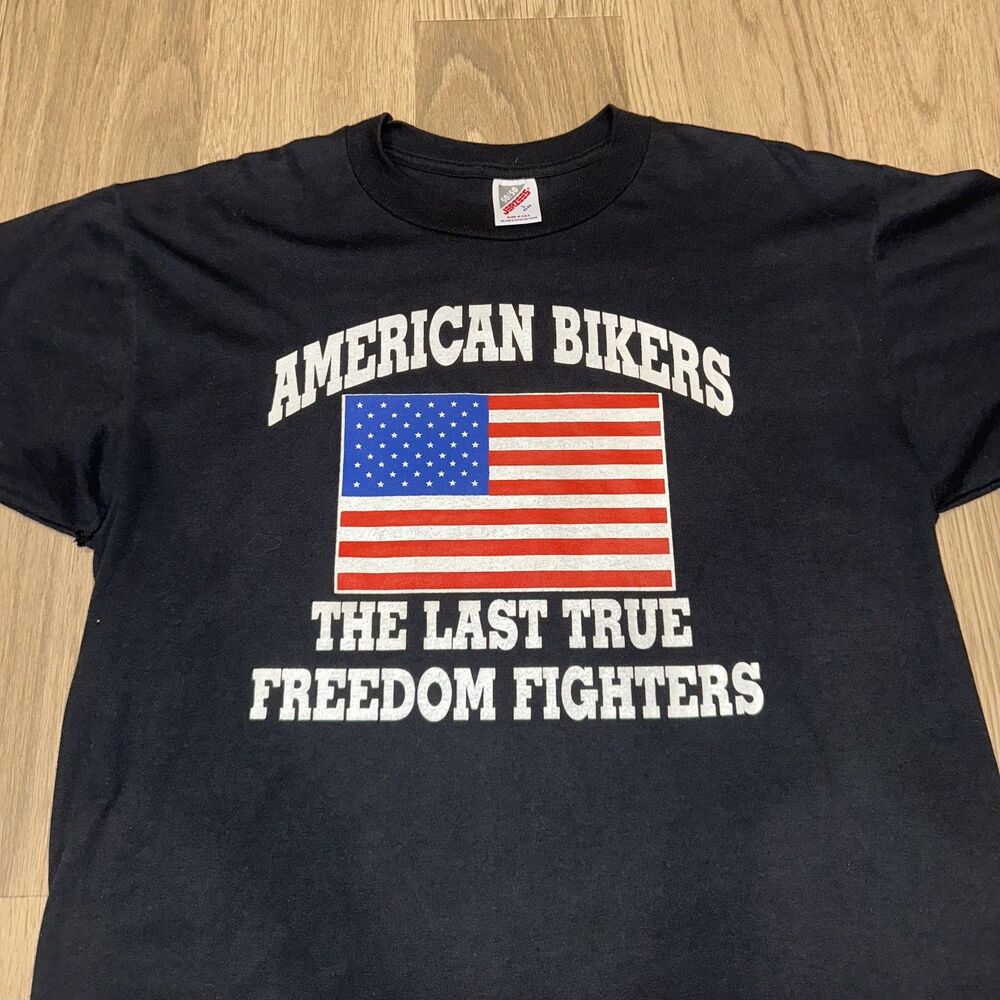 Vtg American Bikers Freedom Fighters Motorcycle Ride Free Graphic Tee Mens L USA